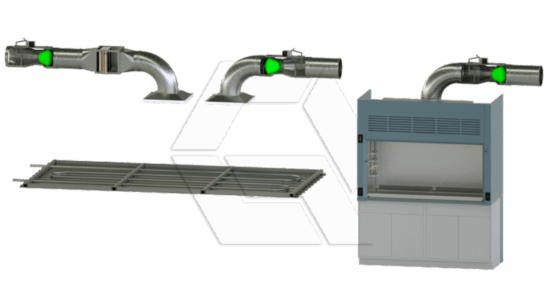 Illustration of a lab fume hood, ventilation ducts with green indicators, and a horizontal metal rack with coils, all connected as part of a laboratory ventilation system.