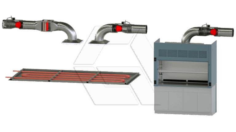 Diagram showing ductwork with airflow controls, a flat heating element with red coils, and a laboratory fume hood, representing components of a lab ventilation and heating system.