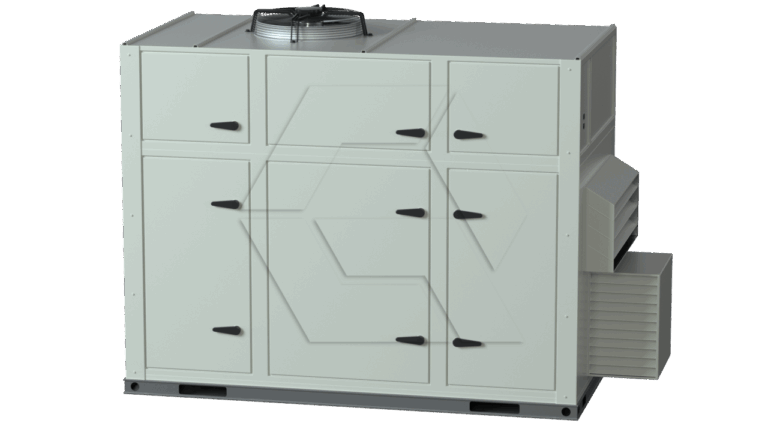 A large, rectangular, light gray industrial HVAC unit with multiple doors, black handles, a top-mounted fan, and a vent on the side, set against a plain white background.