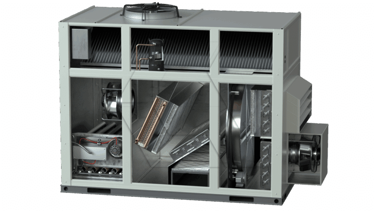 A cutaway view of a large HVAC unit showing internal components, including fans, coils, filters, wiring, and metal ducts, arranged within a rectangular metal housing.