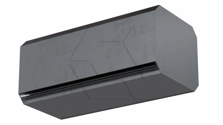 A modern, rectangular, gray metal air conditioning unit is mounted on a white wall, viewed from below at an angle. The unit has a simple, industrial design with clean lines and a dark vent opening.