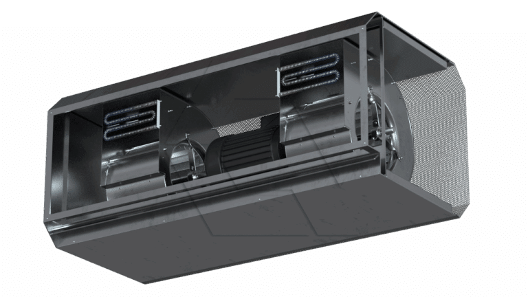 A 3D rendering of an industrial ventilation unit with exposed internal components, including two fans and a central motor, encased in a metallic rectangular housing.