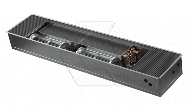 A rectangular metal floor air vent with a grated cover, partially open to reveal internal fan components and copper piping inside the unit.