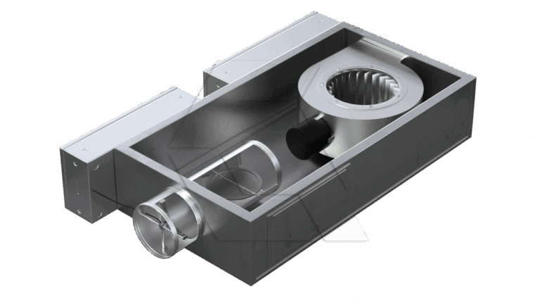3D-rendered image of a rectangular metal HVAC duct with cylindrical air vents and an internal fan assembly, used for ventilation and air distribution systems.