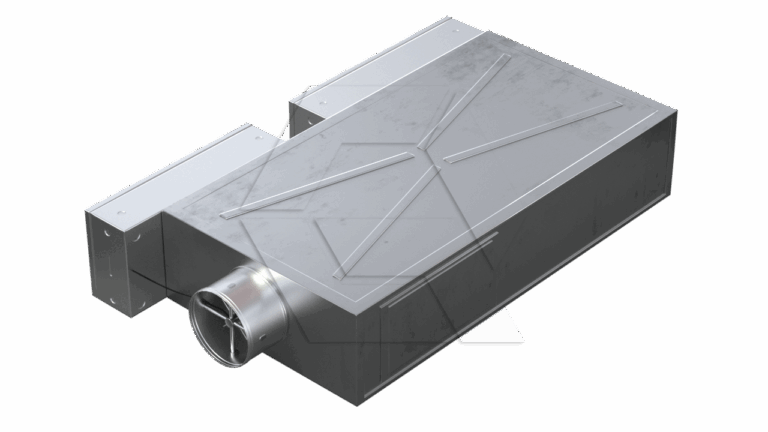 A rectangular metallic air ventilation unit with one round duct and two rectangular sections, designed for HVAC systems, shown on a plain white background.