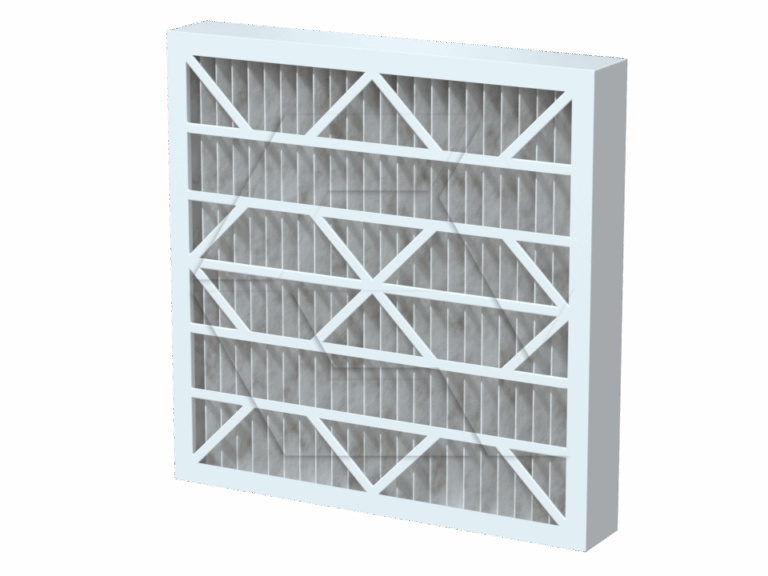 A rectangular pleated air filter with a white frame and diagonal support grid, designed for HVAC systems, shown against a plain white background.
