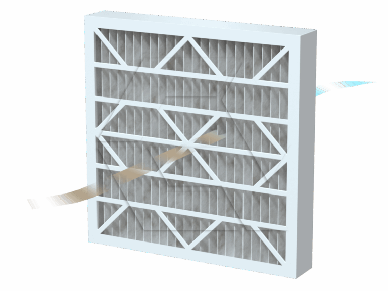 A rectangular air filter with pleated material inside a white frame, showing colored airflow lines passing through it to illustrate filtration.