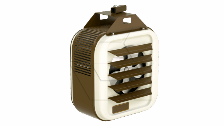 A vintage-style brown and cream fan heater with front louvered vents, side grilles, and a top carrying handle, shown against a plain white background.