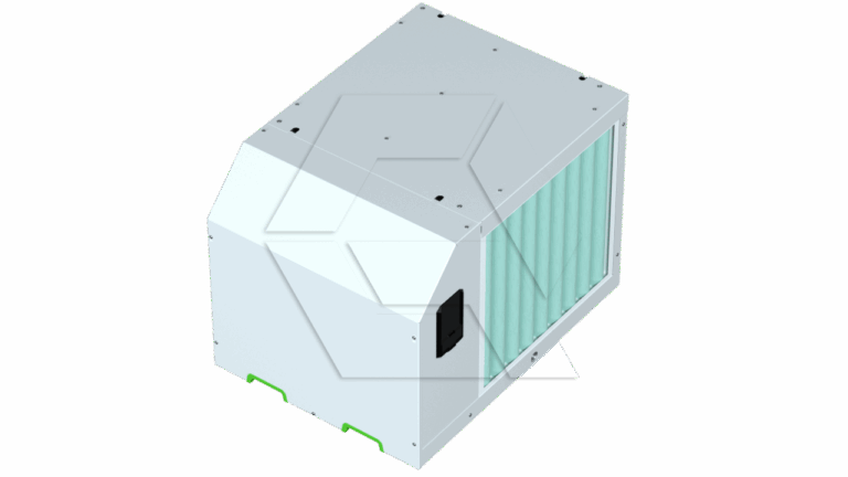 A white, box-shaped industrial air filter unit with a green vented filter panel on one side and small green feet, isolated on a light background.
