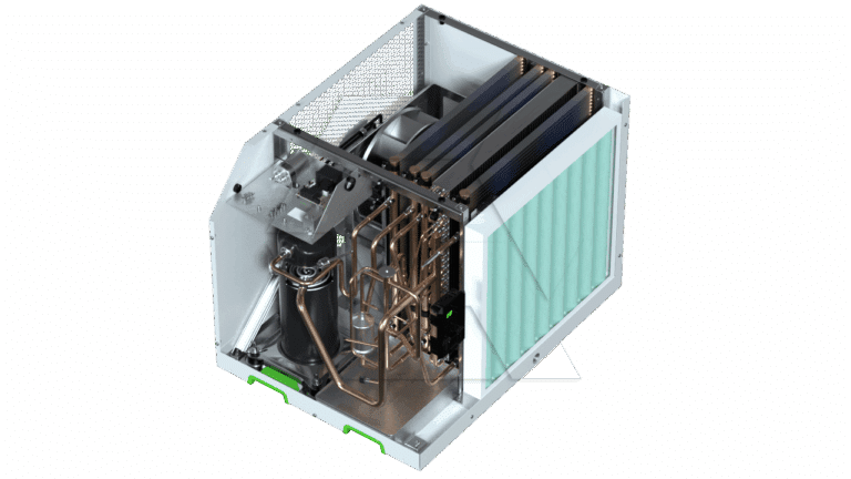 A 3D render of a compact HVAC unit with visible copper pipes, heat exchangers, electronic components, and a green air filter, all housed in a metal frame with a partially open side panel.
