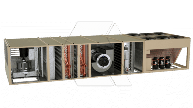 Cutaway view of a large industrial HVAC unit showing internal components, including fans, coils, compressors, and ductwork, with a beige outer casing and multiple sections exposed.