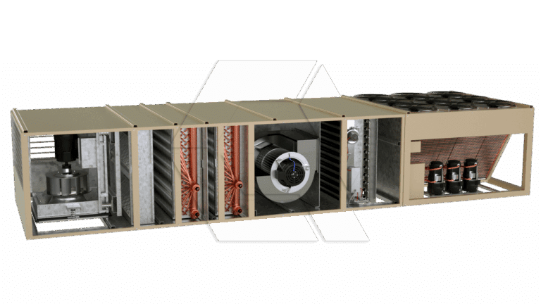 A cutaway view of a large industrial HVAC unit shows internal components including coils, fans, compressors, and electronic parts, all housed in a rectangular metal frame.