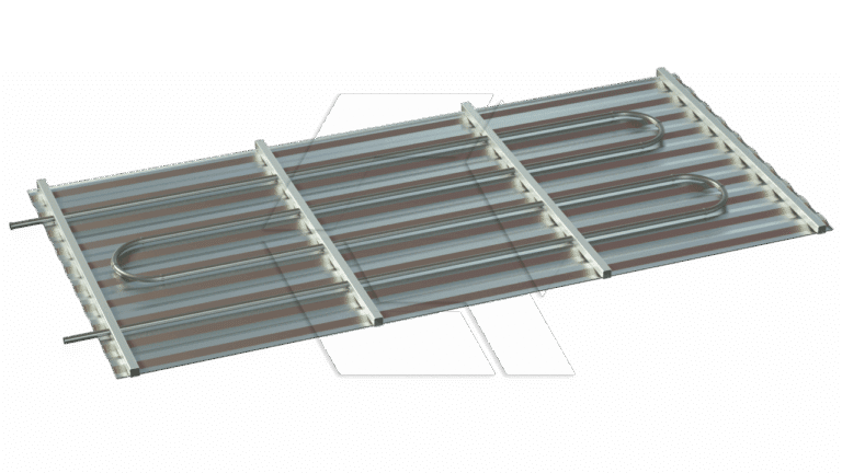 A rectangular metal panel with parallel ridges and an attached serpentine metal tube, resembling a solar thermal collector or radiant heating panel, placed on a plain white background.