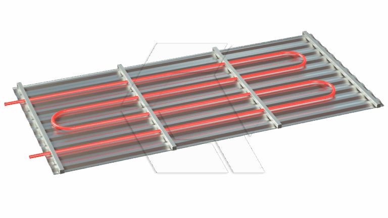 A diagram of a metal panel with red pipes arranged in a winding pattern, likely illustrating a radiant floor heating or cooling system, viewed from above on a white background.
