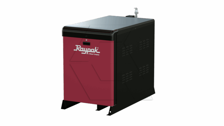 A compact Raypak-branded water heater with a red front panel, black sides, ventilation slots, and a small pipe fixture on top, standing on a white background.