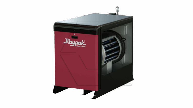 A red and black Raypak pool heater with a visible internal heat exchanger, shown against a plain white background.