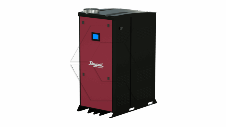 A large rectangular industrial boiler with a red front panel, black sides, a small display screen, and a silver exhaust vent on top. The front panel features the "Baymak" logo.