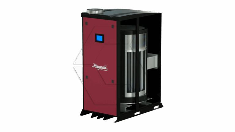 A 3D-rendered image of a commercial boiler or furnace with a maroon front panel, digital display, and visible internal components, including a large cylindrical chamber and metal piping, set against a plain background.