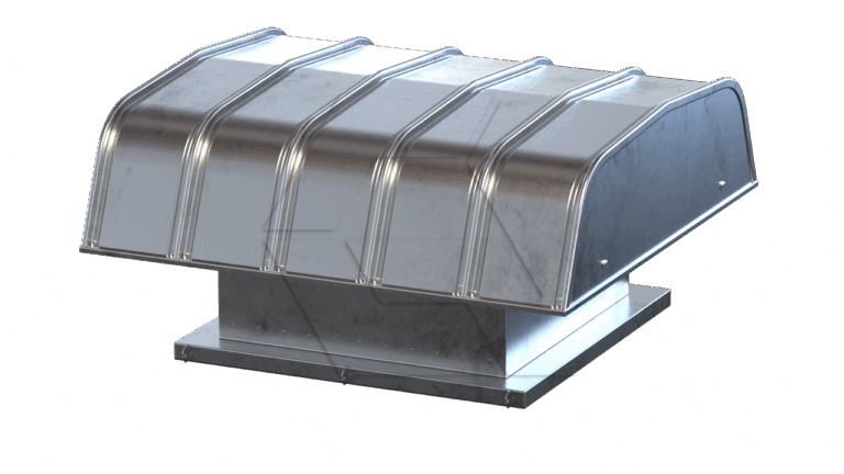 A metallic industrial roof vent with a curved, ribbed top cover, mounted on a rectangular base, isolated on a white background.