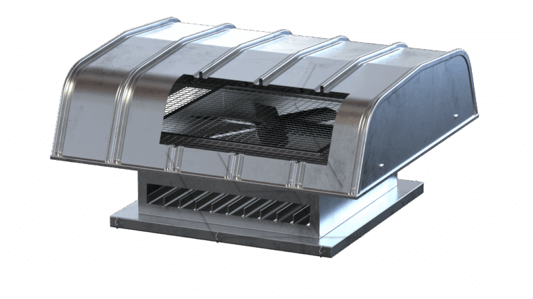 Metal rooftop ventilation unit with a protective vented cover, visible internal fan, and louvered base, designed for industrial or commercial building ventilation systems, set against a white background.