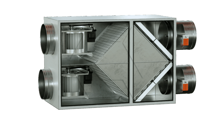 A rectangular ventilation unit with its front panel removed, showing internal fans, filters, and angled heat exchanger plates, with four circular duct connections on the sides.