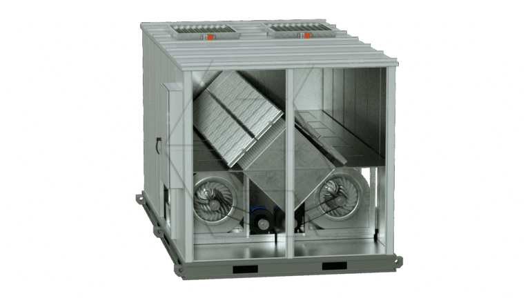 A 3D-rendered image of a large industrial HVAC unit with two fans and a tilted heat exchanger inside a rectangular metal enclosure, viewed from the front with part of the casing transparent to show internal components.