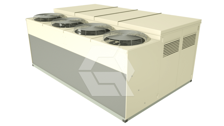 Large beige industrial air conditioning unit with four circular cooling fans on top, side ventilation grilles, and a rectangular shape, set against a plain white background.