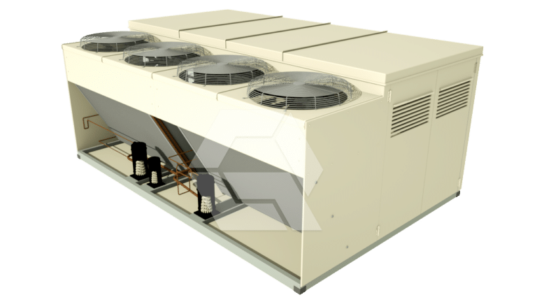 A large industrial air conditioning unit with four circular fans on top, visible copper piping, and compressors inside, enclosed in a beige metal casing.