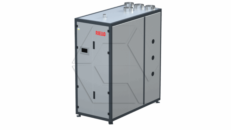 A large, rectangular, industrial gray boiler unit with black edges, labeled "RIELLO" in red on the front. It has three circular exhaust/vent pipes on the top and access panels on the sides.