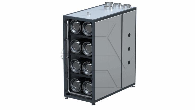 A large, rectangular industrial air ventilation unit with a metal frame and multiple cylindrical filters visible on the front side, and three round ducts on the top for air flow.
