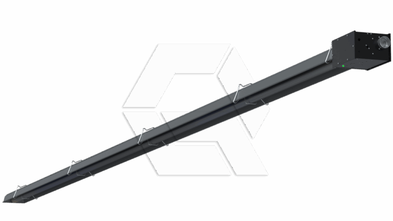 A long, black industrial conveyor system with metal brackets and a motorized unit at one end, displayed against a white background with a faint geometric logo.