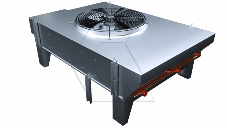A metallic industrial cooling fan unit with a large circular fan on top, supported by sturdy legs and featuring visible red pipe connections on one side, displayed on a white background.