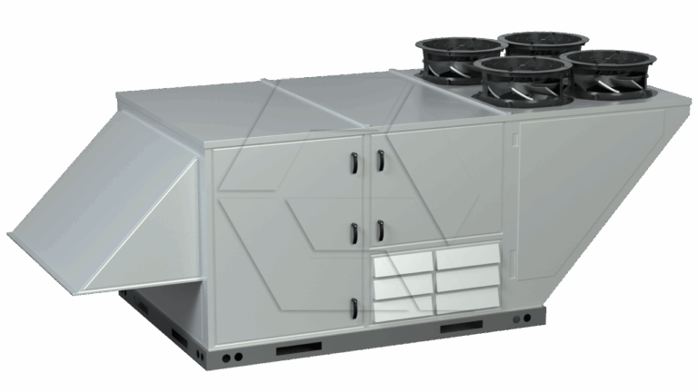 A large industrial HVAC unit with four circular fans on top, vent openings on the side, and a slanted intake. The unit is metallic and rectangular, designed for commercial heating, ventilation, and air conditioning.