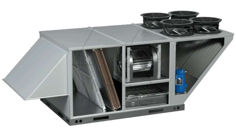 A large, industrial HVAC unit is shown with its panels removed, revealing internal components such as fans, filters, a blower, a motor, and coils. Four circular exhaust fans are visible on the top right.