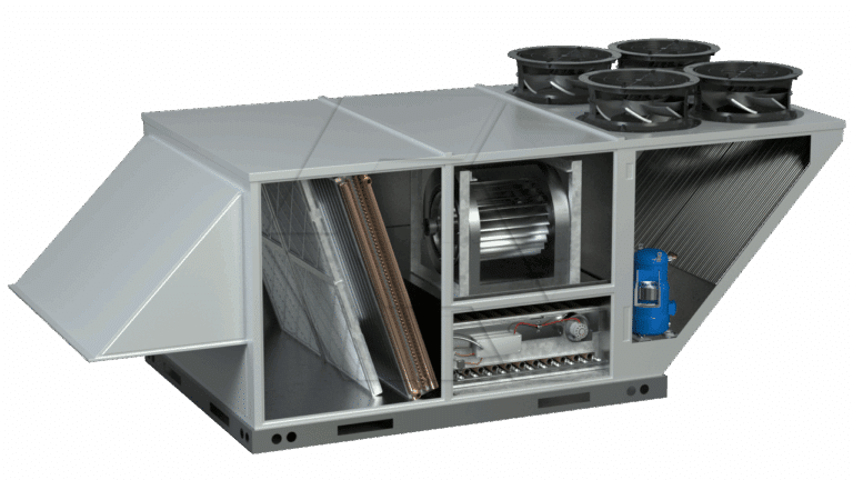 A commercial HVAC rooftop unit with a cutaway view showing internal components, including large fans, a blower, coils, filters, and a blue compressor inside a metallic rectangular housing.