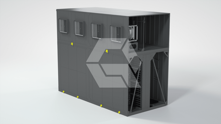 A large, gray, rectangular industrial unit with small windows and vent grills on the upper left side and an open section on the right revealing internal machinery. Yellow fasteners are visible along the bottom edges.
