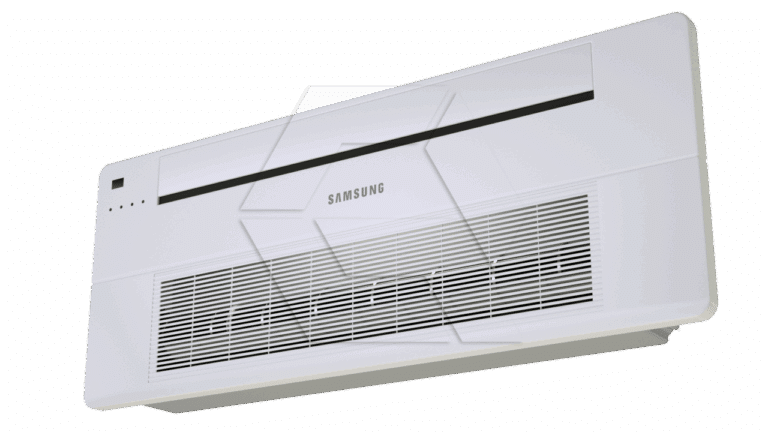 A white, wall-mounted Samsung air conditioner unit with a slim, rectangular design, front air vent, and control buttons on the left side.