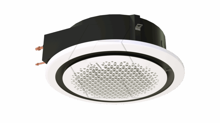 A round, ceiling-mounted speaker with a white perforated grille and black casing, featuring two visible connectors on the side, viewed from a low angle against a plain background.