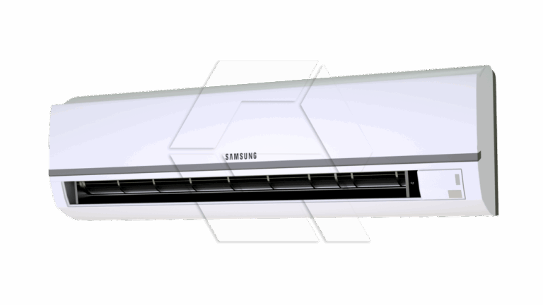 A white Samsung wall-mounted air conditioner with a horizontal vent, seen against a plain light background.