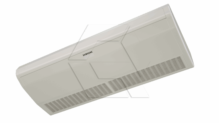 A white Samsung wall-mounted air conditioning unit is shown against a plain background, viewed from below at an angle. The front panel features air vents and the Samsung logo.