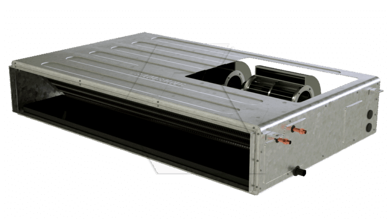 A rectangular metallic HVAC ducted fan coil unit with exposed internal components, including a fan and copper piping connections, displayed on a plain white background.