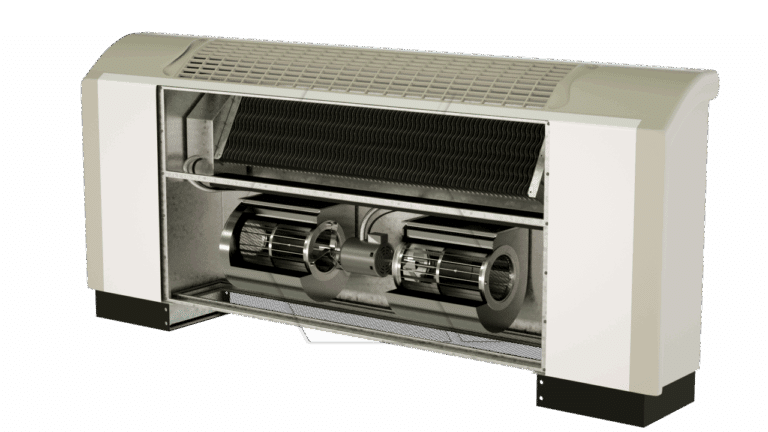 A cutaway view of a white air conditioning unit, showing internal components including coils, two cylindrical fans, and metal parts, with the front panel partially removed to reveal the inside mechanisms.