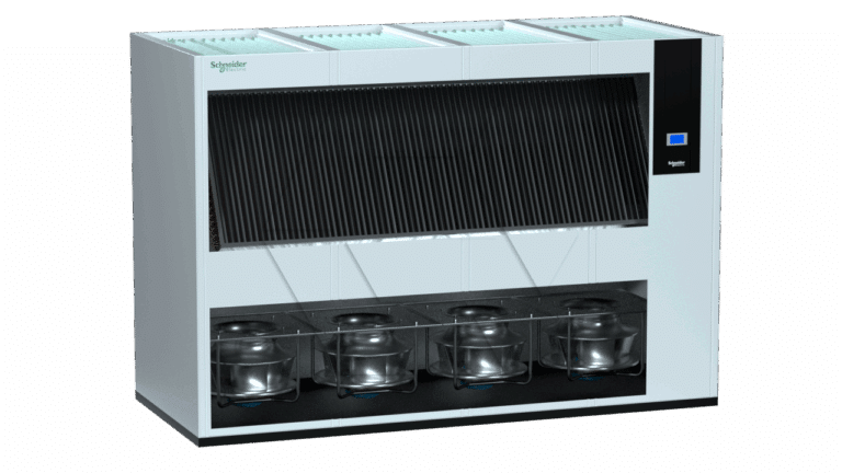 A large, rectangular laboratory device with a digital screen, vertical black slats in the center, and four transparent containers with lids at the bottom, labeled with the Schneider logo.