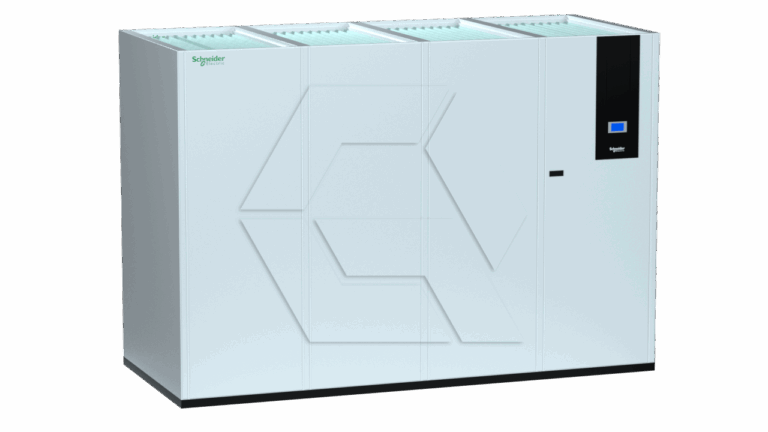 A large, white Schneider Electric industrial cooling unit with a black panel and small blue display screen on the right side, standing on a flat surface.