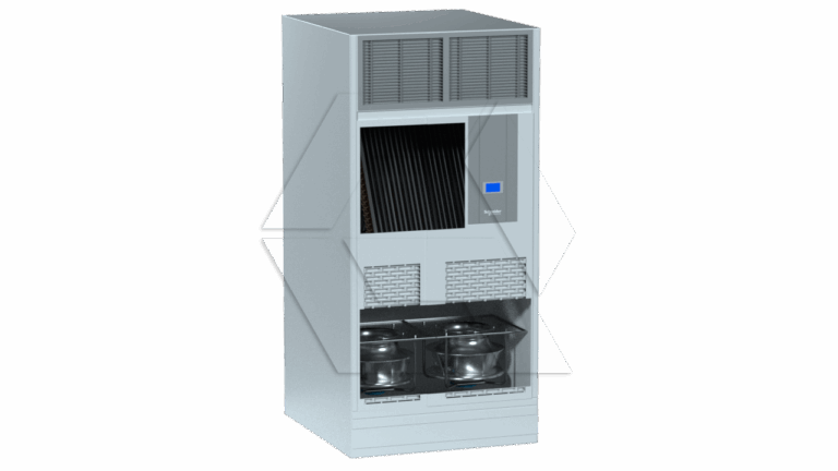 A large, silver commercial ice maker with vents at the top, a digital display, and two visible ice collection bins at the bottom, set against a plain white background.