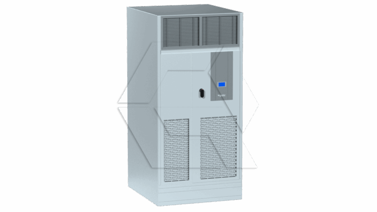 A large, rectangular, gray industrial cabinet with vents on both the upper and lower sections, a black handle, and a small digital display on the front panel, standing on a plain light background.