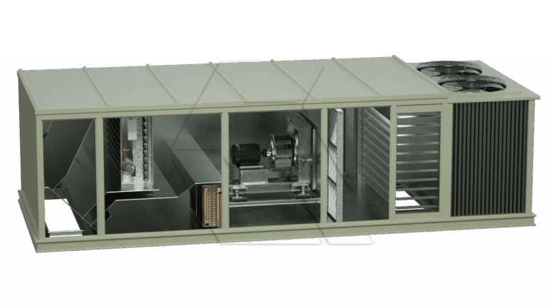 A cutaway view of a large industrial HVAC unit, showing internal components such as fans, coils, ducts, and control panels, with exterior cooling fans visible on the top right.