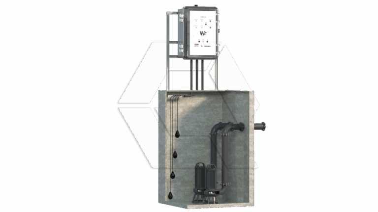A 3D rendering of a pump station system features a control panel mounted above a concrete chamber containing a submersible pump, pipes, and electrical wiring. The system is shown on a plain, light background.