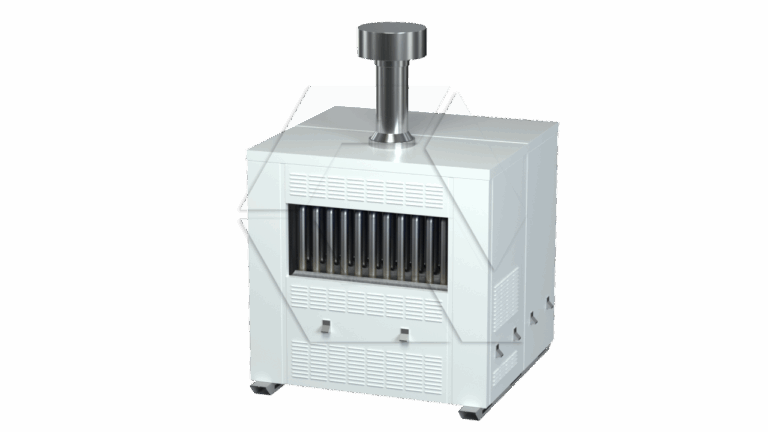 A white industrial furnace or incinerator with a metal exhaust stack on top, ventilation grilles on the sides and front, and a row of vertical slots on the front panel.