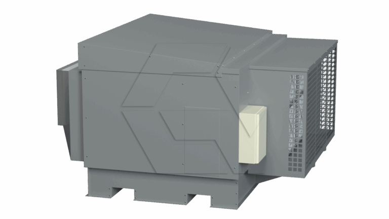 A gray industrial HVAC unit from the Equipment Library - Air Units collection, featuring a vented side panel, an attached rectangular control box, and a sturdy base, set against a plain white background.